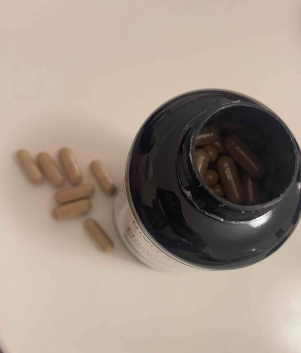 Die getesteten Moringa-Kapseln in einem lichtdichten Flakon mit Schraubverschluss von oben betrachtet.