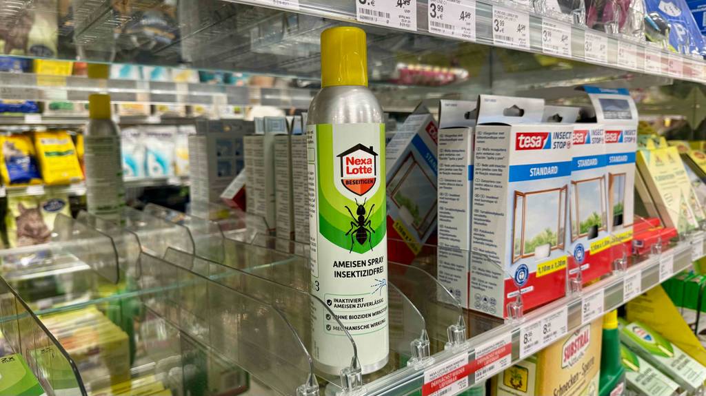 Die Spraydose mit Ameisengift im Test steht auf einem Regal im Drogeriemarkt.