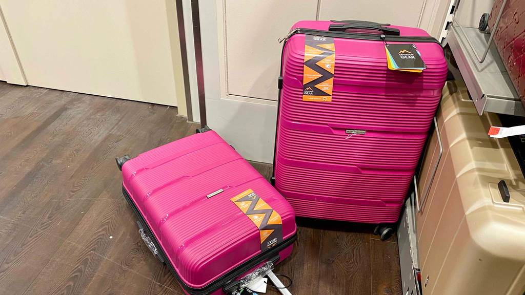 Hartschalen-Kofferset im Test: ein kleinerer Koffer in Pink liegt vor stehendem Koffer.