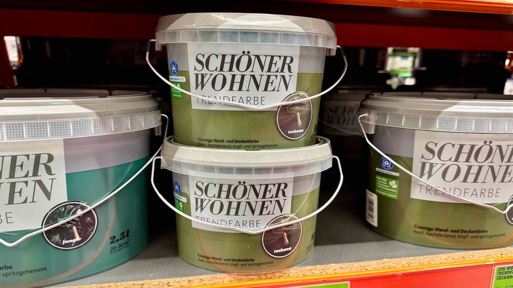 Getestete grüne Wandfarben stehen in einem Regal übereinander.