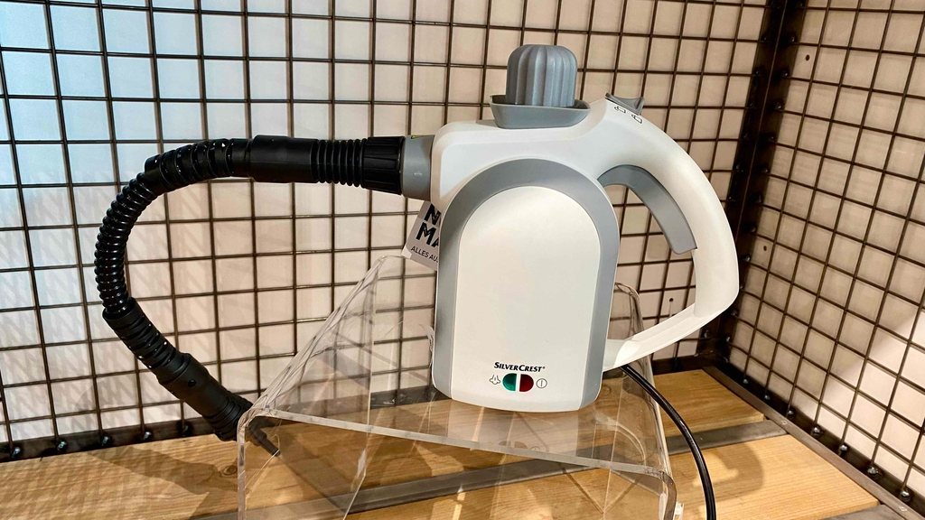 Ein getesteter Hand-Dampfreiniger mit zwei Kontrollleuchten im stehenden Zustand.