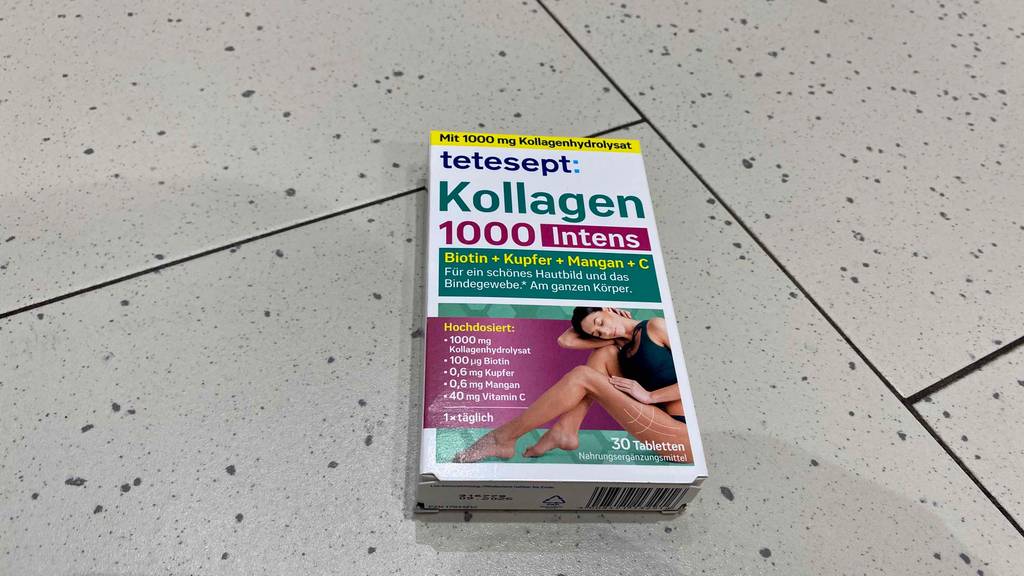 Kollagen-Kapseln-Test: eine Packung Kollagen der Marke Tetesept mit 30 Tabletten darin.