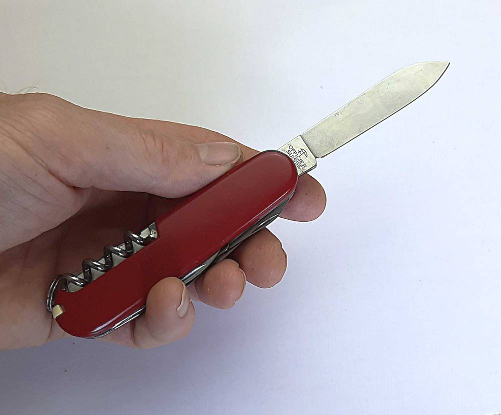 Das ausgeklappte Victorinox-Taschenmesser wird in der Hand gehalten.