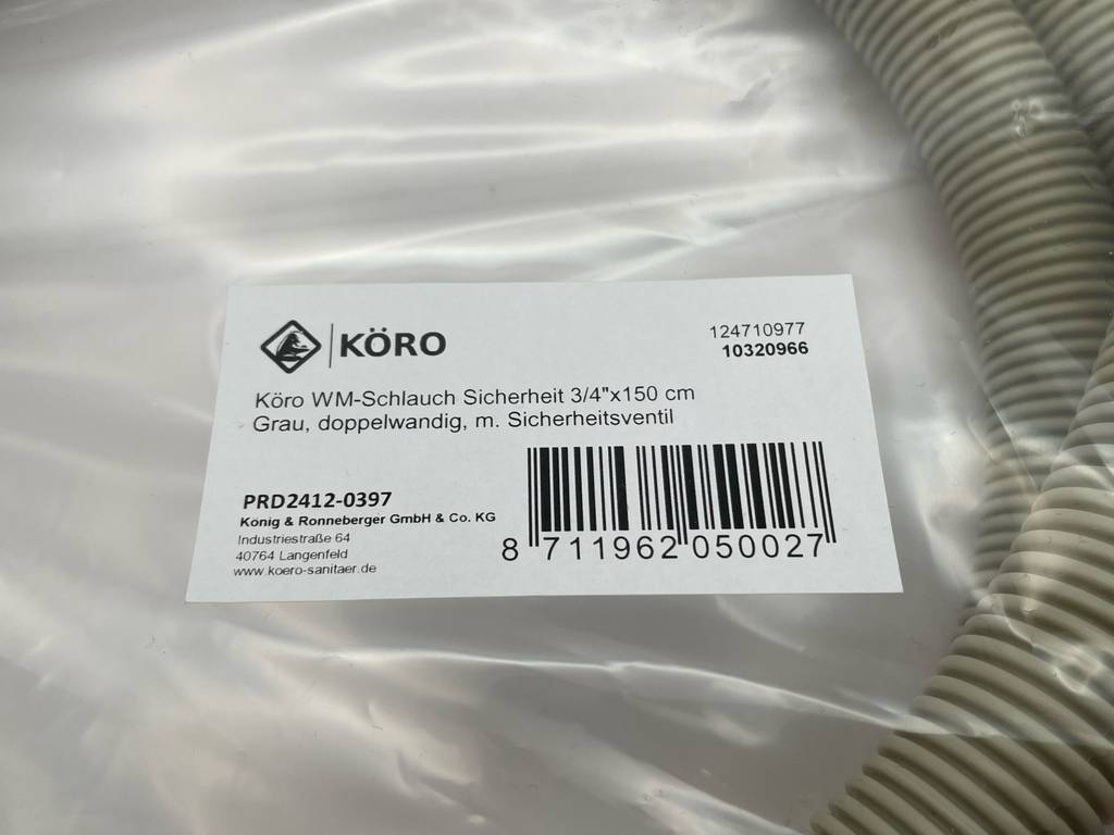 Detailansicht des Etiketts eines getesteten Aquastop-Schlauchs der Firma Köro.