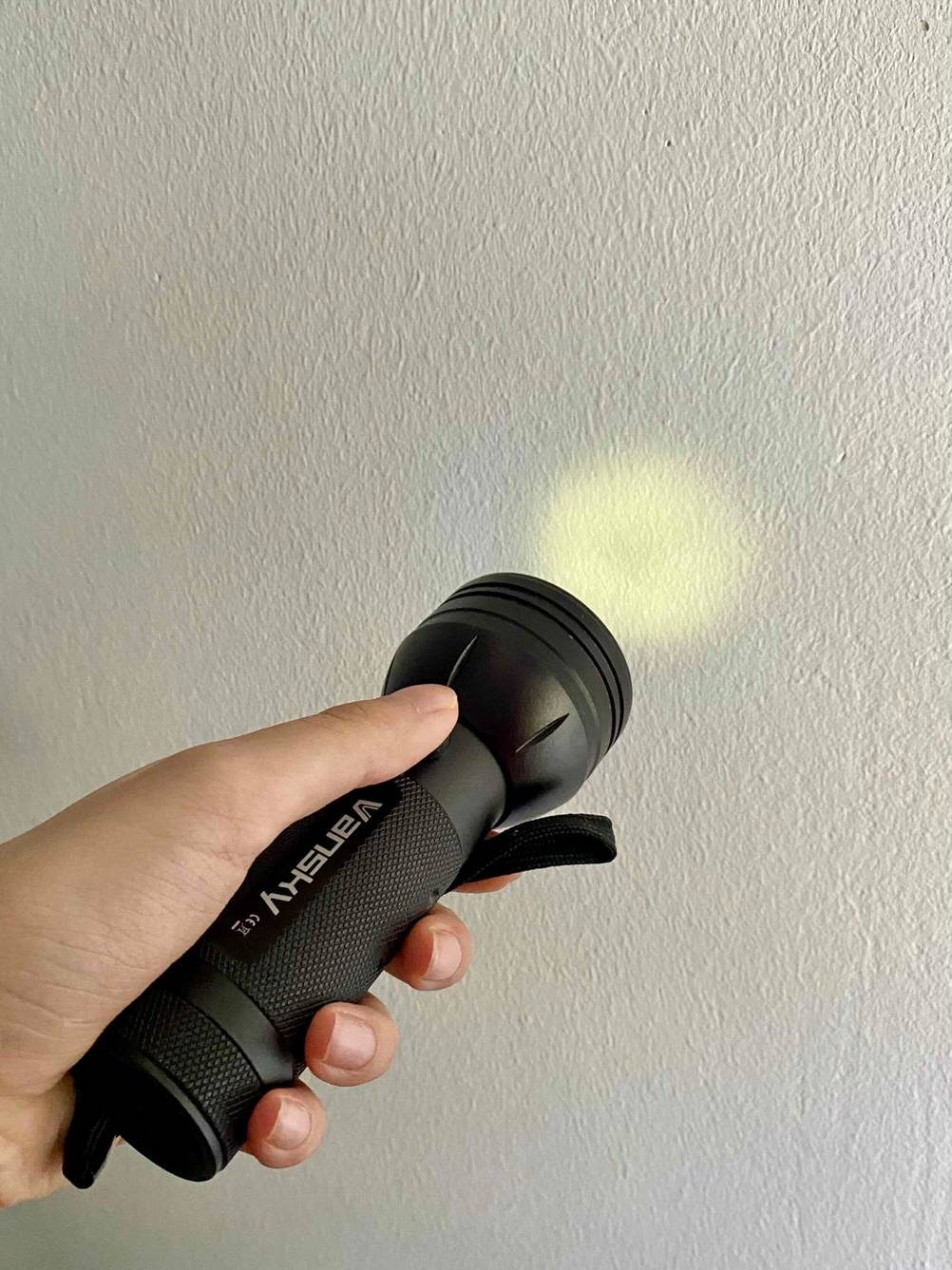 Es wird mit der Taschenlampe an die Wand geleuchtet