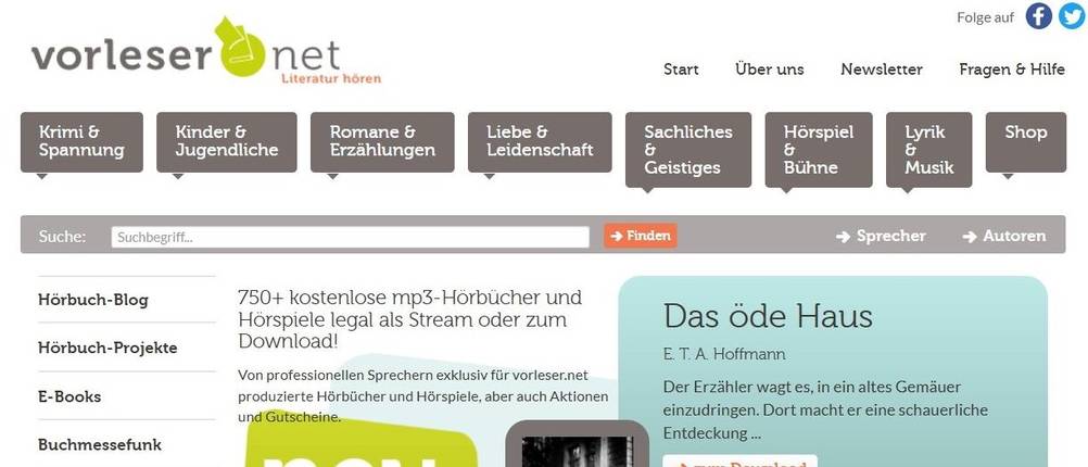 Screenshot der vorleser.net Internetseite