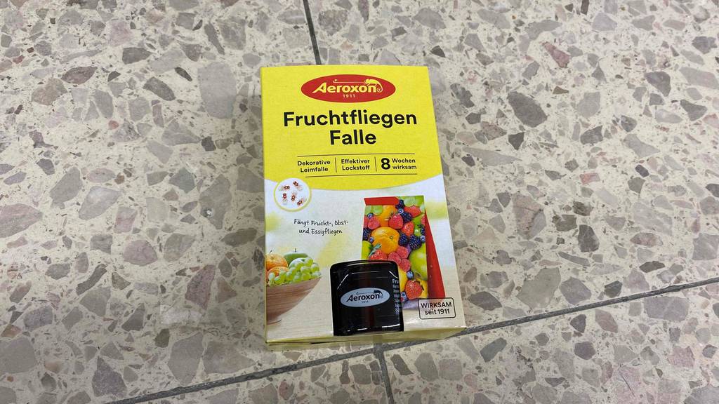 Im Test: Auf einem Steinboden liegt eine Packung Fruchtfliegenfalle