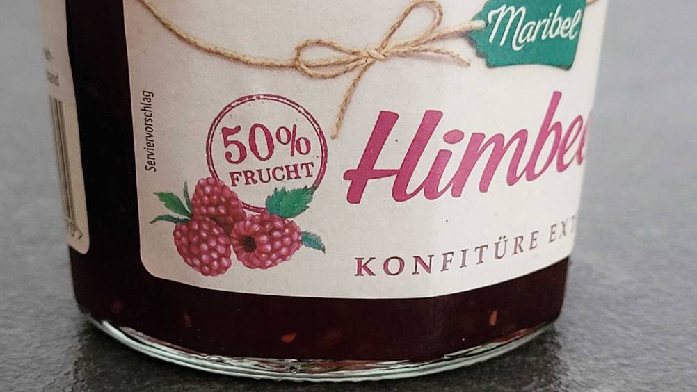 Himbeermarmelade getestet: Detailaufnahme Infodruck auf dem Label.