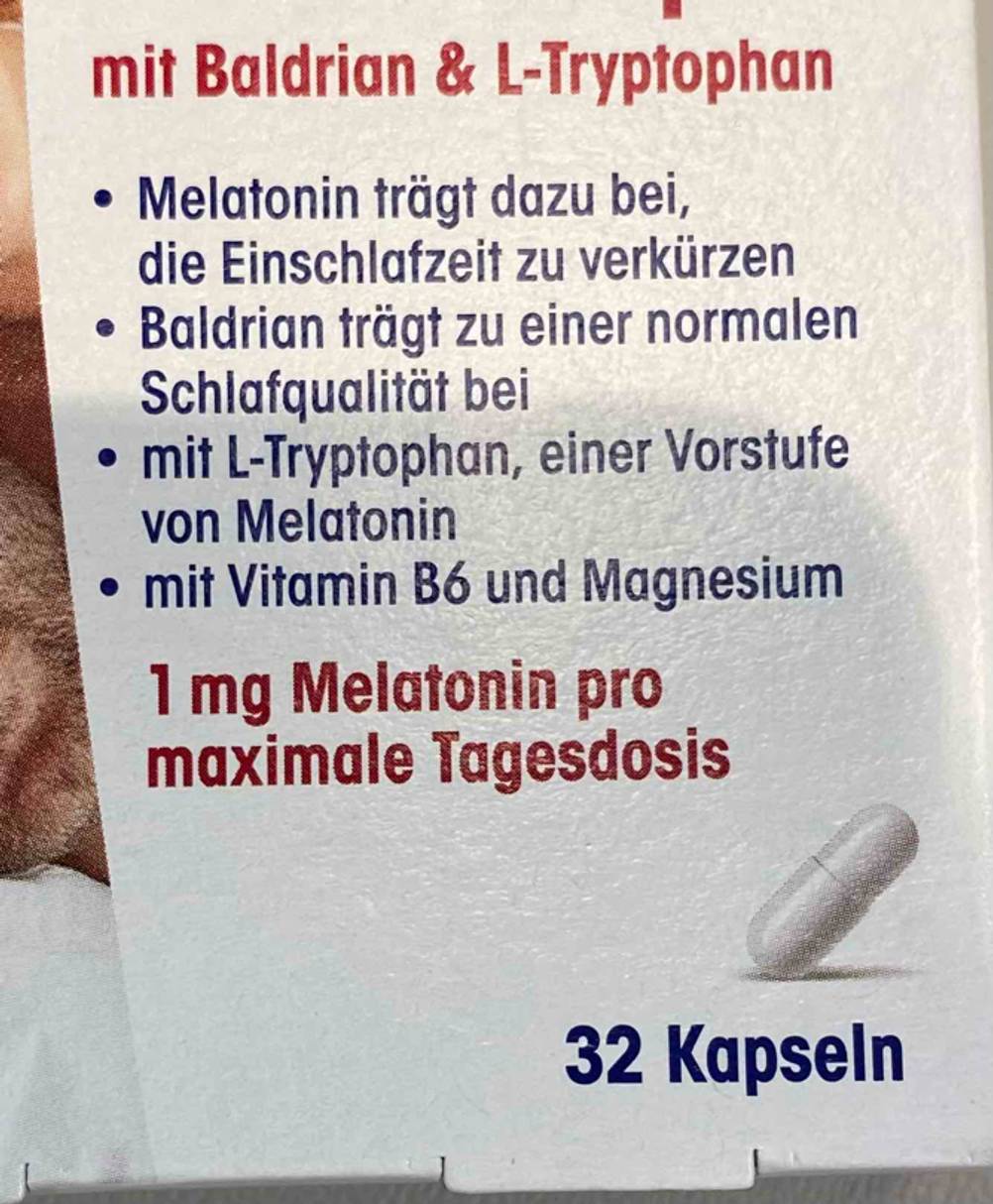 Die Vorderseite der Verpackung, der getesteten Melatonin-Kapseln worin sich 32 Kapseln befinden und 1 mg Melatonin pro Tagesdosis enthalten ist.