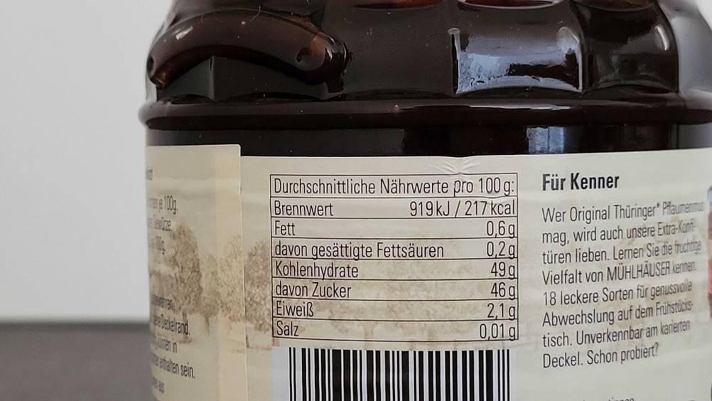 Pflaumenmus getestet: Detailaufnahme der Nährwerte.