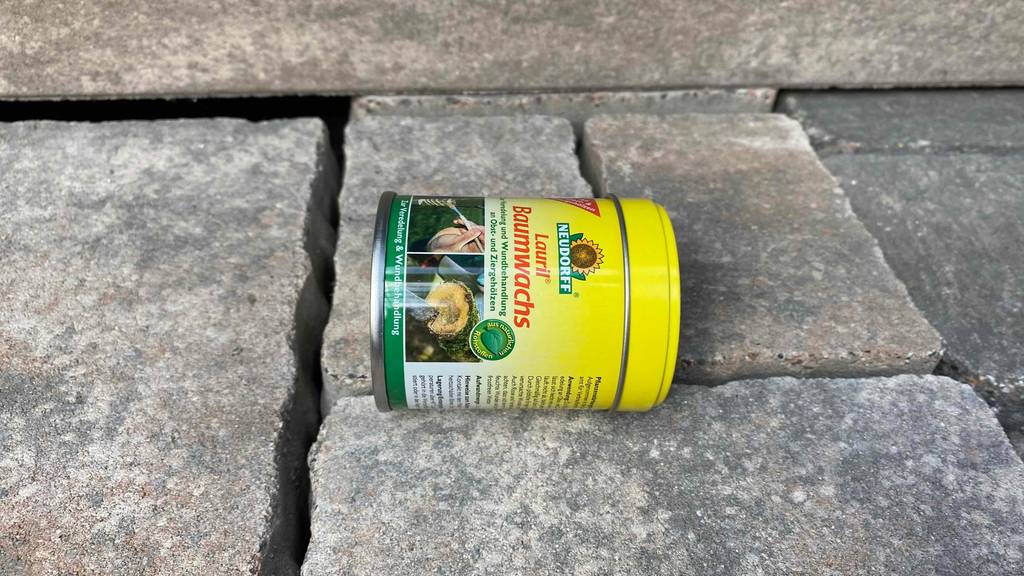 Im Test: Eine Dose Baumwachs liegt horizontal auf einem Steinboden