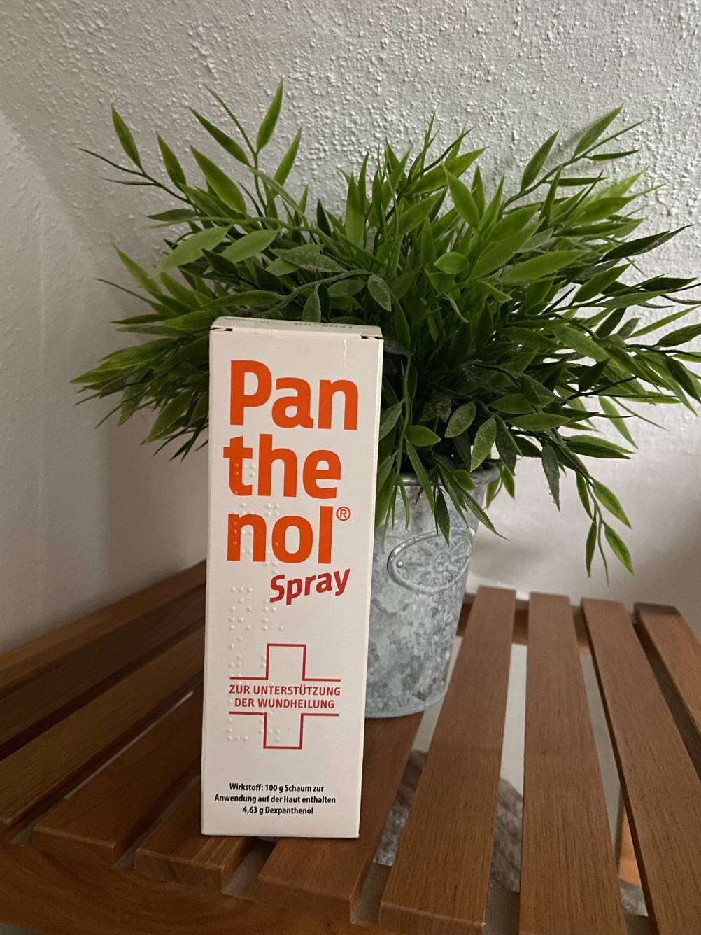 Panthenol-Test: Die Verpackung des Panthenol-Sprays steht vor einer Kunstpflanze.