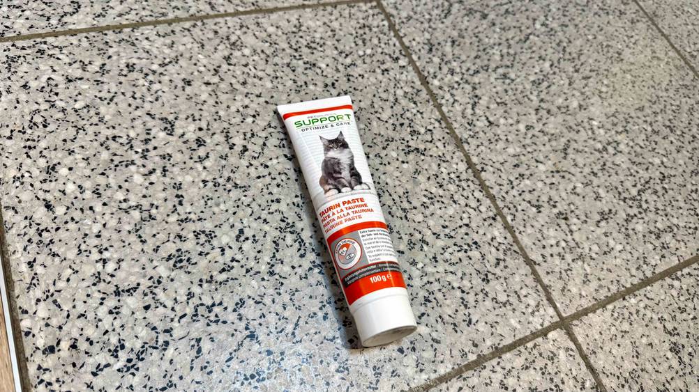 Das getestete Taurin für Katzen in der Tube liegt auf dem Boden.