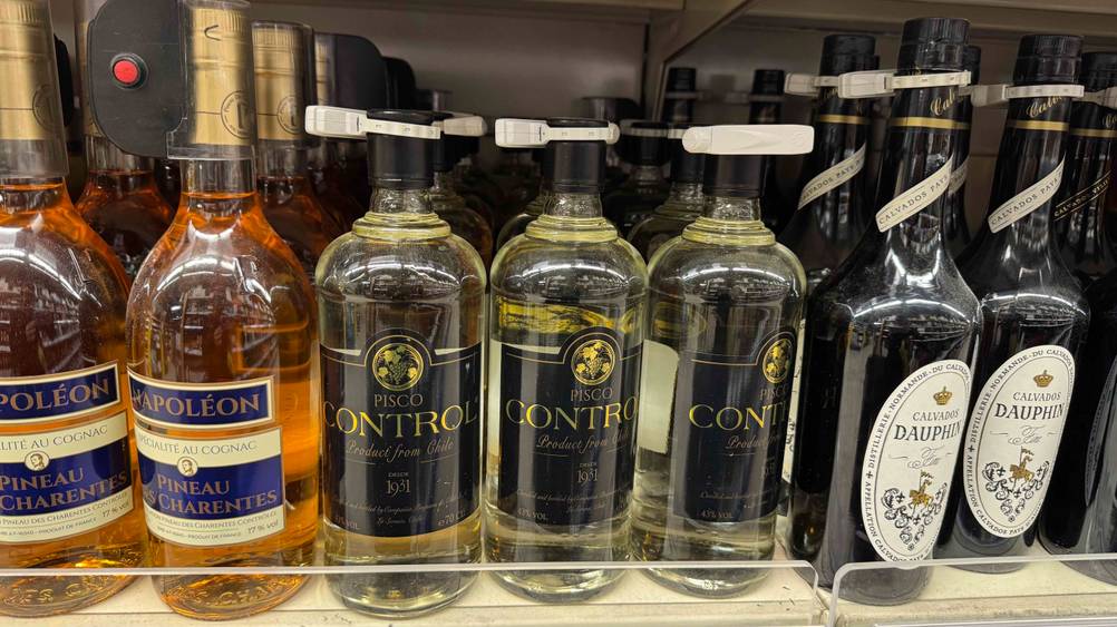 Mehrere Flaschen des getesteten Piscos stehen in einem Regal.