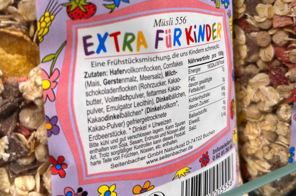 Im Test: Nahaufnahme Label eines Seitenbacher-Müslis.
