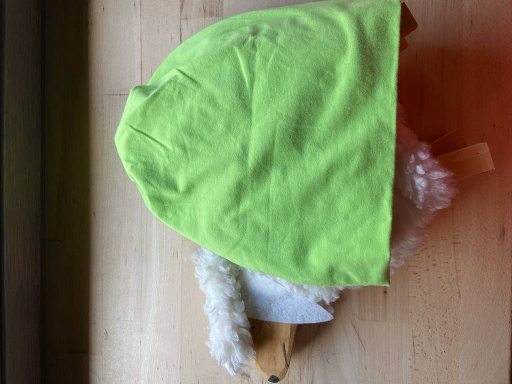 Beanie-Test: Eine grüne Mütze liegt auf einem weißen Spielzeug-Schaf.