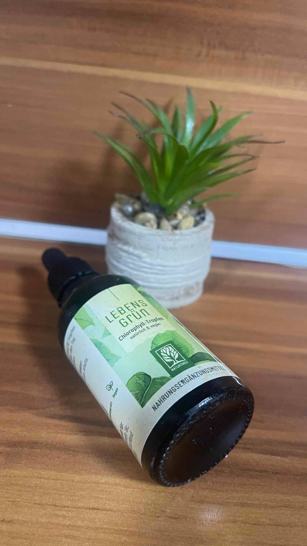 Das Fläschchen der getesteten Chlorophyll-Tropfen liegt vor einer Kunstpflanze, während der Flaschenboden ersichtlich ist.