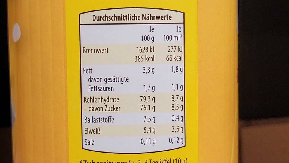 Instant-Kakao getestet: Nahaufnahme der Nährwerttabelle.