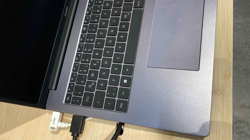 Business-Notebook-Test: ein Business-Notebook ist in einem Geschäft ausgestellt, mit angestecktem HDMI-Kabel.