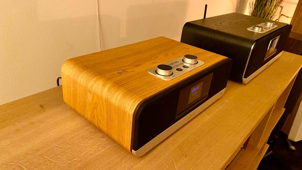Internetradio im Test: ein brauner und schwarzer Internetradio in Holzpotik stehend auf einem Regal.