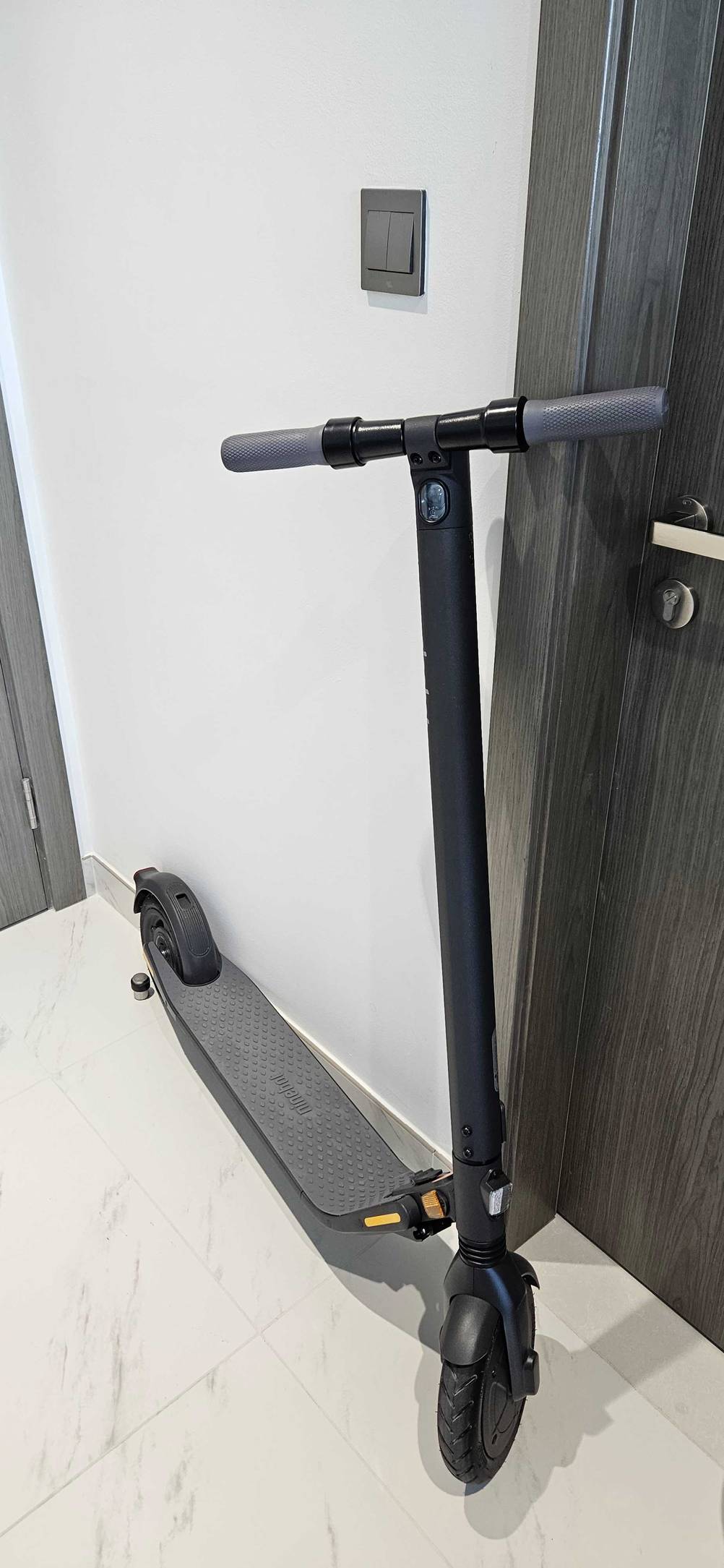 Elektro-Scooter im Test: ein Elektro-Scooter in einem Hausgang vor einer Tür