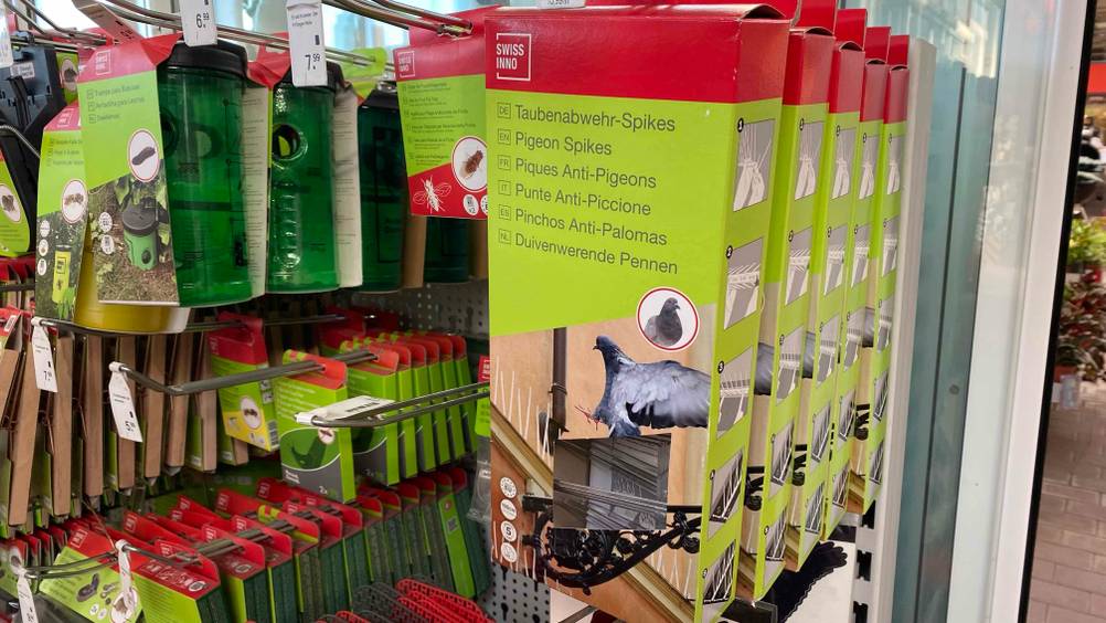Taubenabwehr im Test: Meherere Packungen Taubenabwehr hängen im Regal neben anderen Produkten.