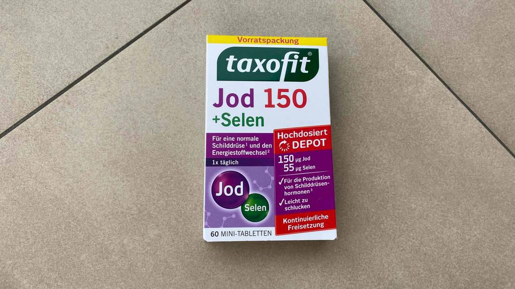 Jodtabletten getestet: Verpackung von Jodtabletten von mit Aufschrift: Jod 150 + Selen. Inhalt: 60 Mini-Tabletten