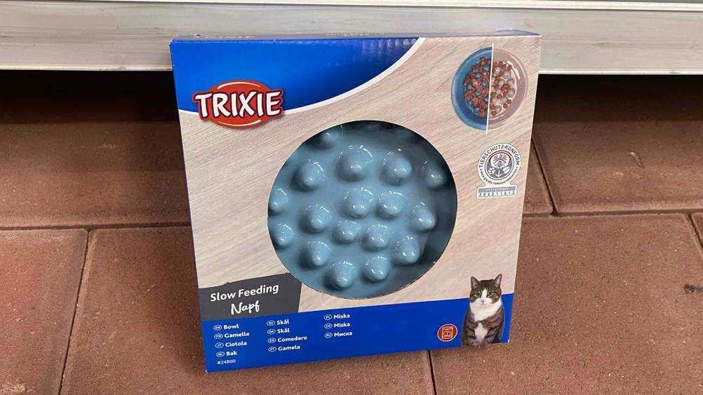 Im Test: Ein Anti-Schling-Napf für Katzen lehnt gegen eine helle Wand.