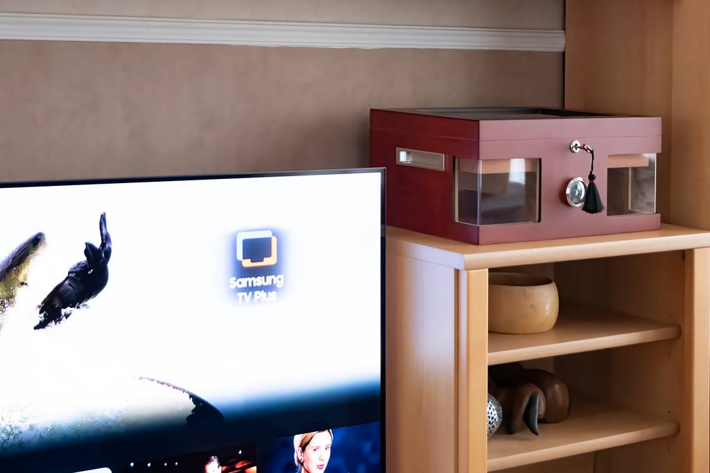 Ein getesteter Humidor steht auf einem Regal neben einem Fernseher.