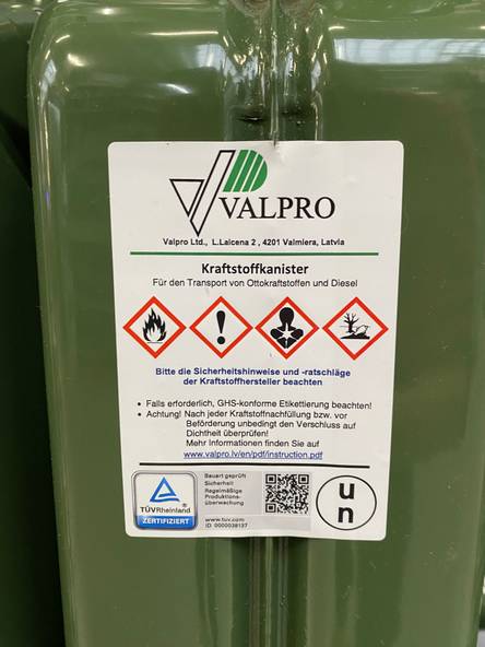 VALPRO Dieselkanister GGVS METALL 20 Liter + Einfüllstutzen Ausgießer  DIESEL 