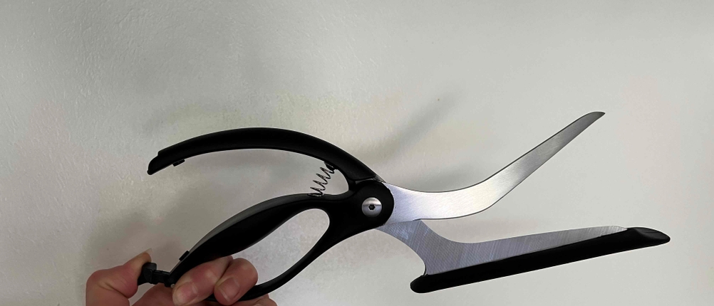 Pizzaschere in der Hand.