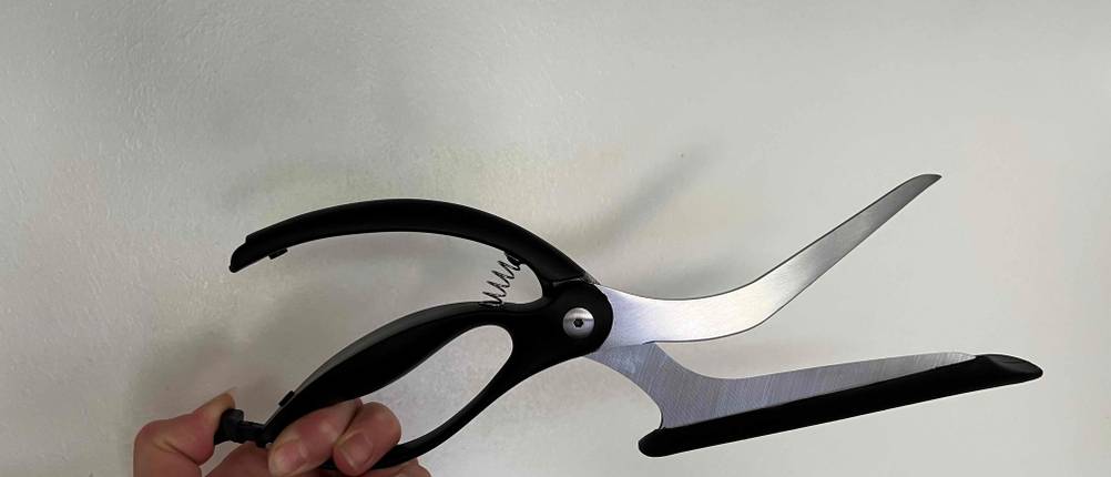 Pizzaschere in der Hand.