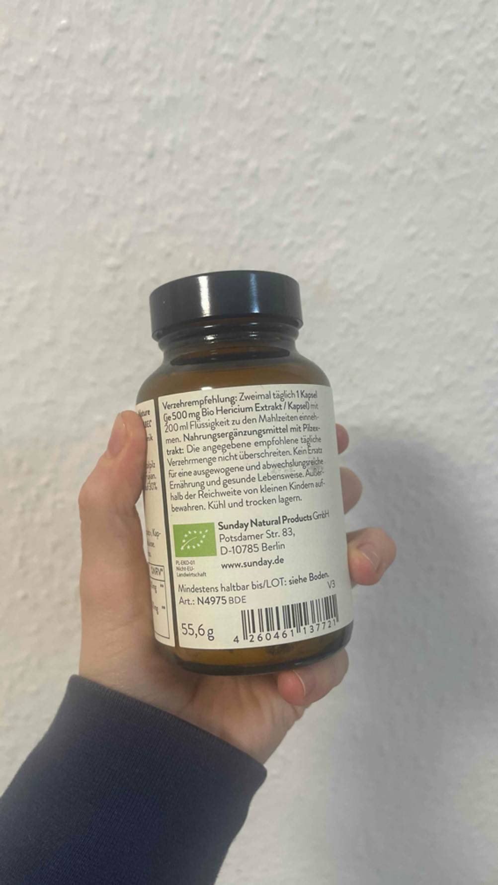 Verpackungsrückseite des getesteten Hericium-Extrakts, worauf empfohlene Tagesdosis und weitere Informationen ersichtlich sind.