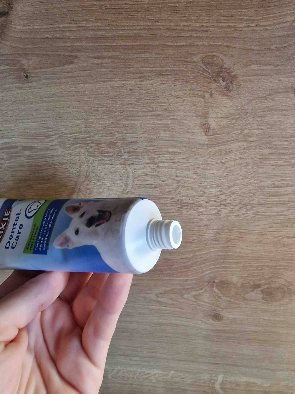 Zahnpflege (Hund) getestet: Eine Hand hält eine geöffnete Tube vor eine Holzfläche