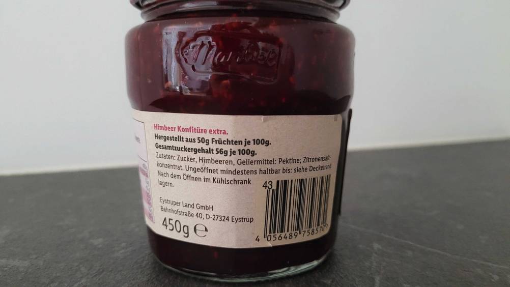 Im Test: Detailaufnahme Zutatenliste der Himbeermarmelade.