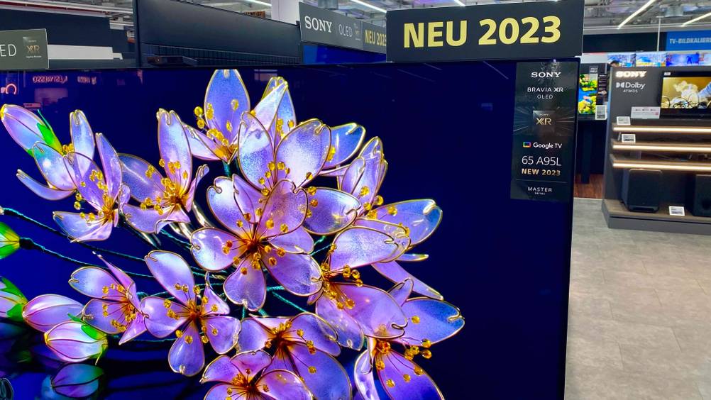 OLED-65-Zoll-Fernseher im Test: rechter oberer Teil eines OLED-65-Zoll-Fernsehers mit Informationsschild.