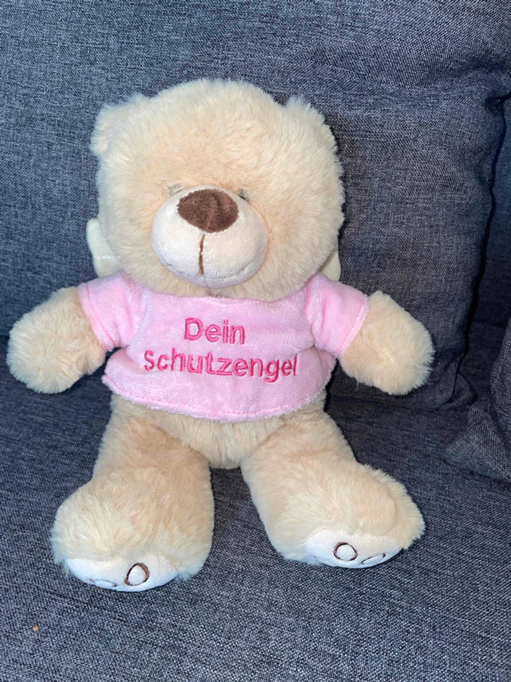 Teddy auf Sofa sitzend.