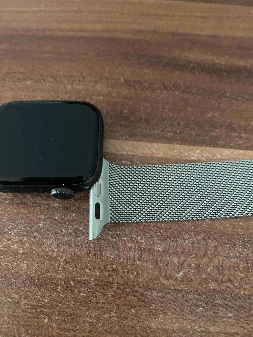 Im Test: Nahaufnahme der Befestigung eines Apple-Watch-Armbands an der Uhr.