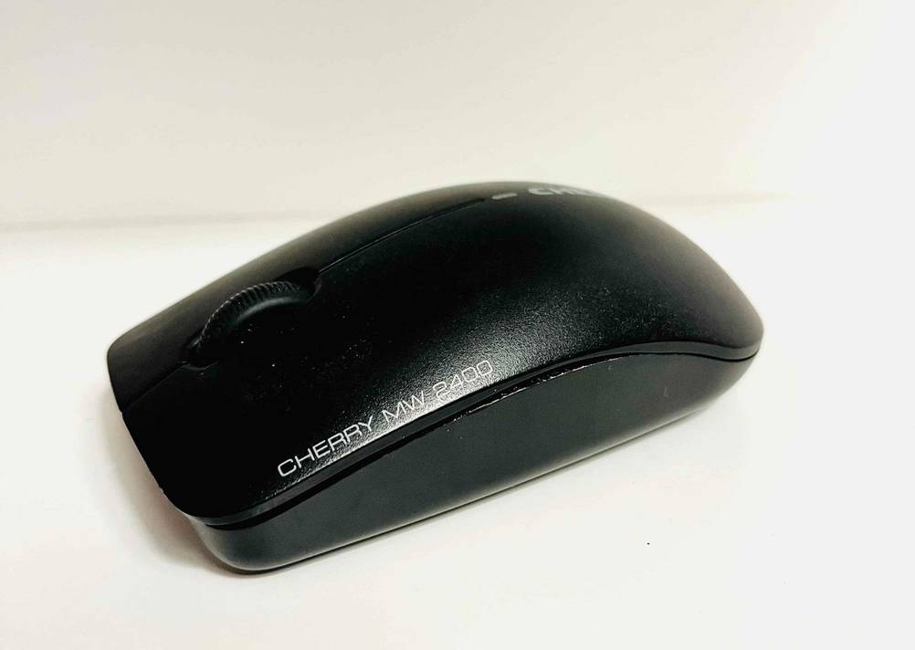 Funkmaus im Test: eine Funkmaus in Schwarz auf einer weißen Fläche mimt Modellnamen darauf ersichtlich.
