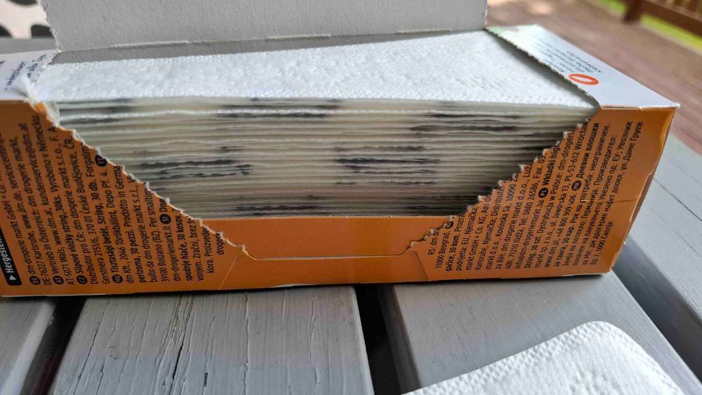Eine geöffnete Verpackung mit mehreren Tanga-Slipeinlagen im Test liegt auf einer Holzoberfläche.