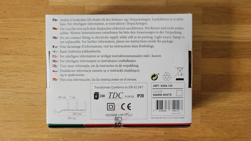 Im Test: Rückseite der Verpackung mit Anweisungen der LED-Weihnachtsbeleuchtung.