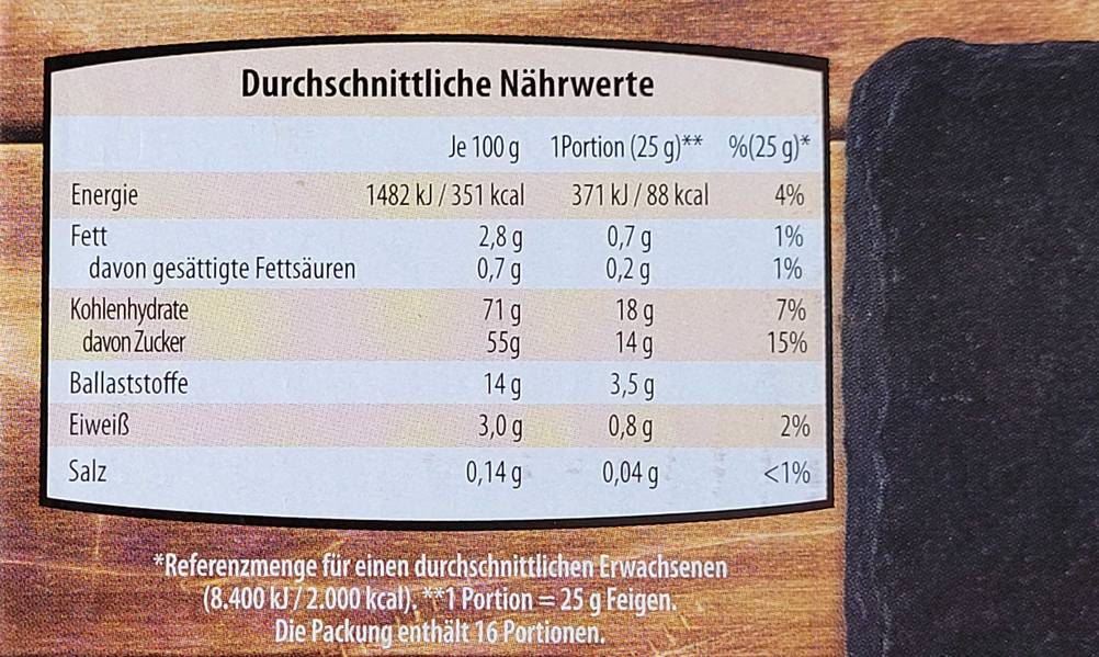 Im Test: Detailaufnahme der Nährwerte von getrockneten Feigen.