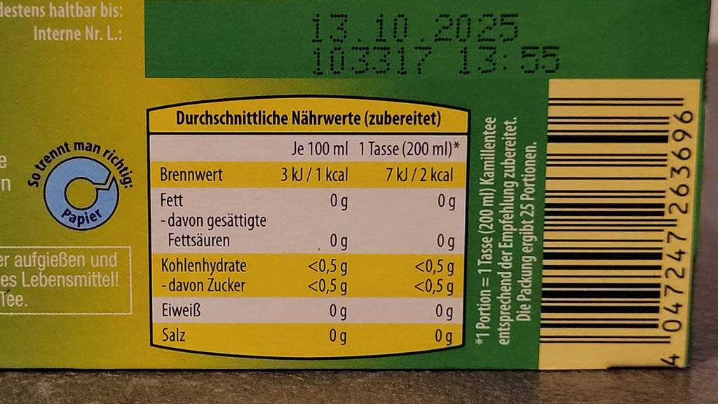 Nahaufnahme der Nährwertangaben des getesteten Kamillentees.