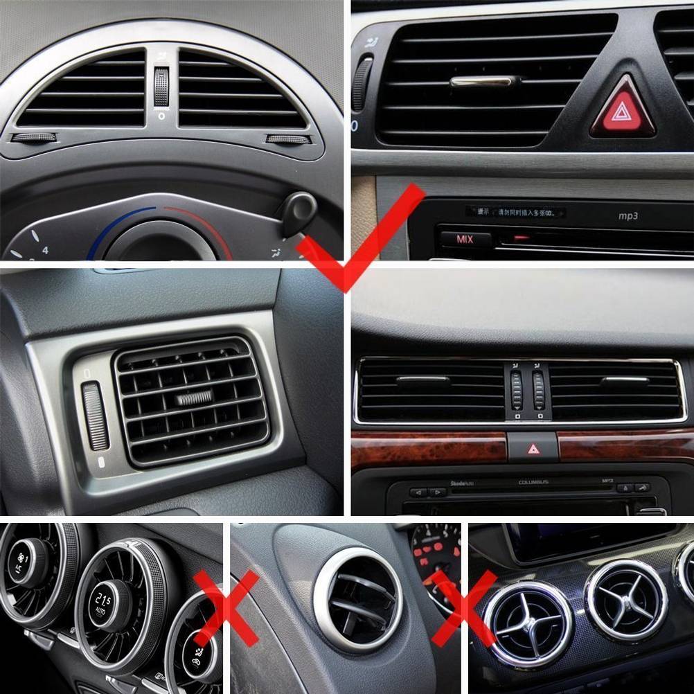 Handyhalterung fürs Auto im Test: verschiedene Lüftungsgitter-Varianten in einem Fahrzeug mit dem Hinweis, welche für die Anbringung einer Handyhalterung geeignet ist und welche nicht