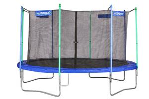 Ein Hudora Trampolin vor weißem Hintergrund.