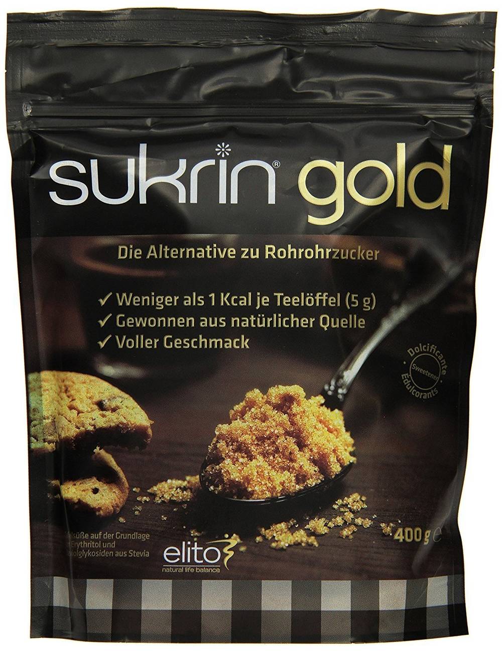 Erythrit-Test: Eine Kunststoff-Packung Sukrin Gold Erythrit. 