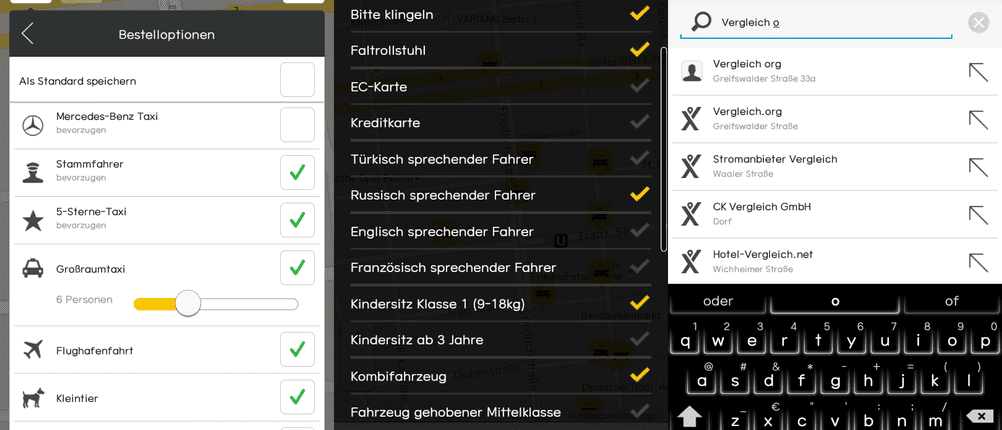 Taxi-Apps Suchoptionen
