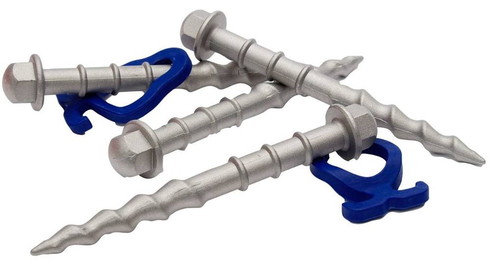 Ein Schraubhering aus Alu eignet sich besonders gut zum Befestigen von Wohnwagen-Vorzelten, Groß-Zelten und Markisen.