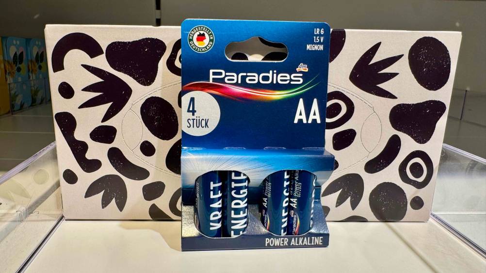 Vor einem schwarz-weißen Karton steht eine Packung AA-Akku im Test.