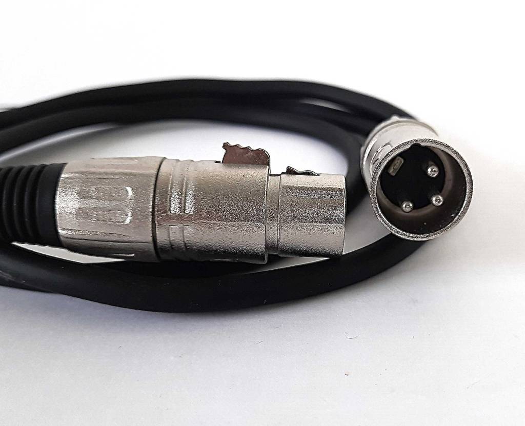 Zwei versilberte, dreipolige Stecker an einem schwarzen Kabel befinden sich vor einem weißen Hintergrund.